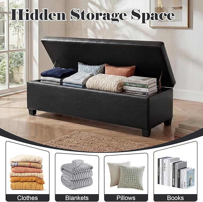 Homebeez 42" Faux Leather Storage Ottoman,End of Bed Bench,Upholstered Ottoman Bench with Storage for Living Room,Bedroom,Entryway
