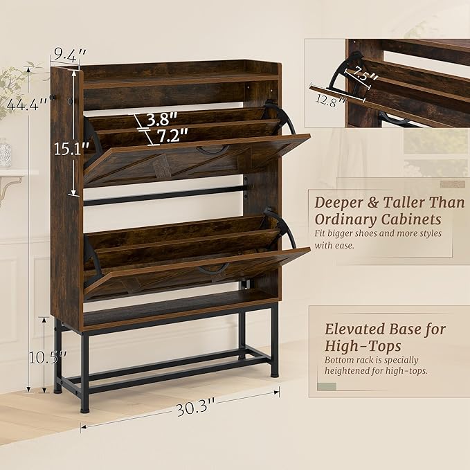 Cozyman Narrow Shoe Storage Cabinet with 2 Flip Drawers & Adjustable Shelf for Entryway, Freestanding Hidden Slim Shoe Organizer Rack, Rustic Brown