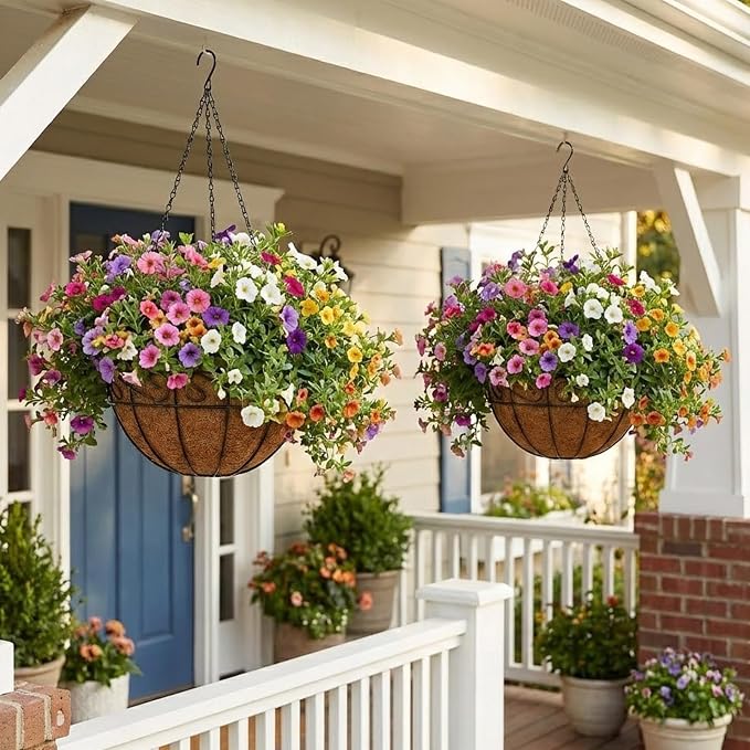 3 Pack Hanging Baskets for Plants Outdoor 14 Inch Metal Hanging Planters with Coco Coir Liner, Round Hanging Flower Basket for Home Garden Patio Balcony Porch