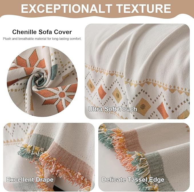 VClife Boho Couch Cover White Geometric Jacquard Sofa Cover 1 Piece Large Couch Covers for 3 Cushion Couch Sofa Washable Plush Chenille Sofa Protector for Living Room Bedroom 71x150 Inch
