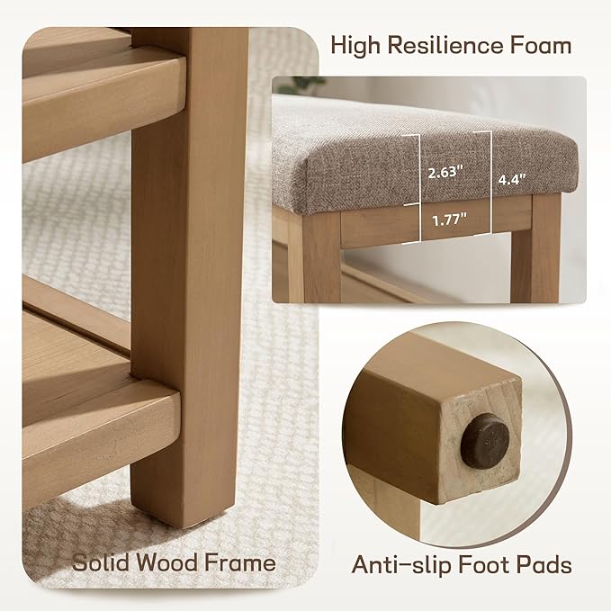 Zihanhome 2 Tier Shoe Rack Bench with Cushion, Solid Wood Shoe Benches, Mid-Century Modern Shoe Storage Bench for Entryway, Hallway, Living Room, Closet, Front Door Entrance, (Brown, 39.4")