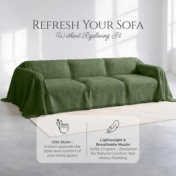 Extra Large Sofa Cover %100 Pure Cotton, Gauze Couch Covers for 4 Seater, Sectional Sofa, Oversize 4 Layered Muslin Natural Fabric, Cloud Like Washable Couch Cover (Green, 95x181" / 240x460 cm)
