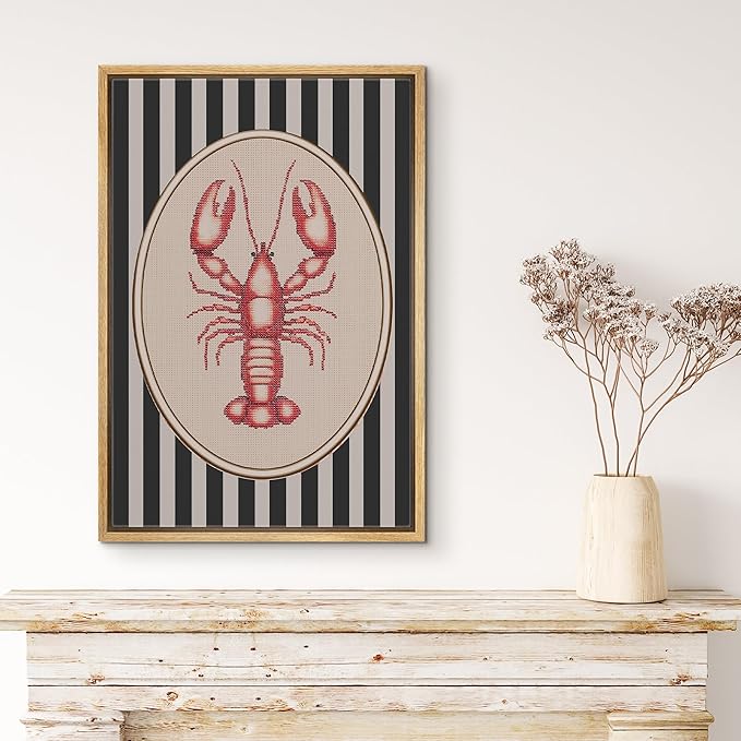 MUDECOR Framed Canvas Print Wall Art Vintage Red Lobster Needlepoint Style Nautical Stripe Illustrations Minimalism Decorative Bohemian Colorful Zen for Living Room, Bedroom, Office - 24"x36" NATURAL