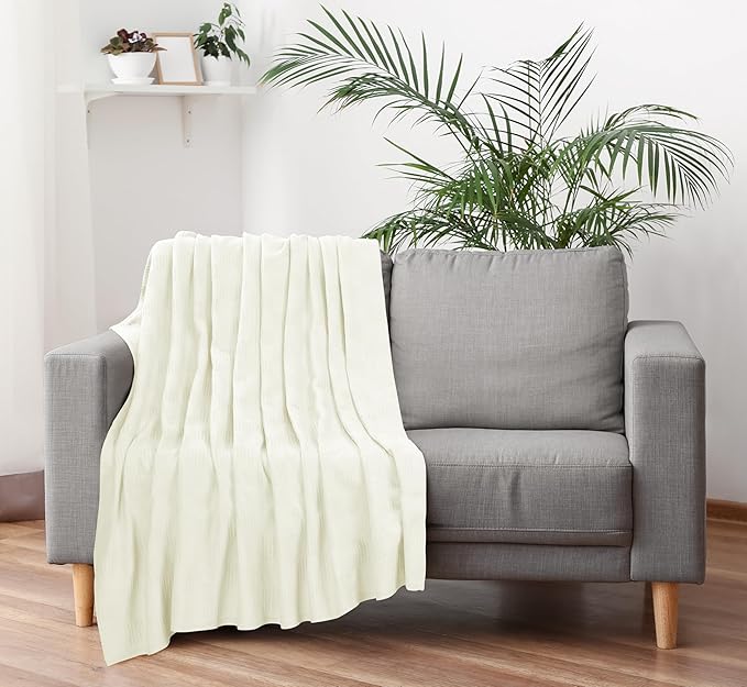 Utopia Bedding 100% Cotton Thermal Blanket Ivory Twin Size Soft, Lightweight, Breathable, Cozy Spring and Summer Blanket for Couch and Sofa, Home Room Decor Gifts for Women and Men (90x72 Inches)
