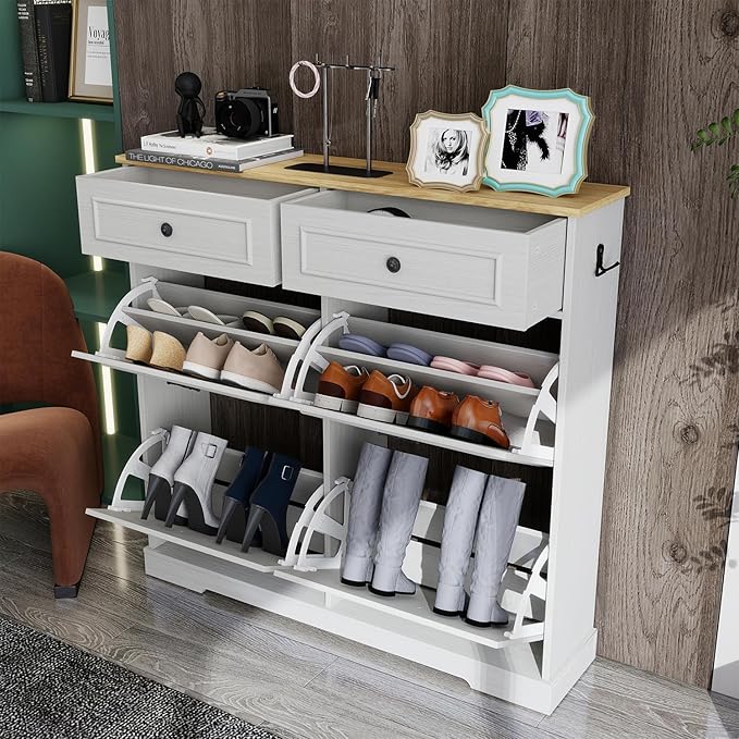 Locsear Shoe Storage Cabinet with 4 Flip Drawers, 2 Drawers, Freestanding Shoe Cabinet Organizer with Adjustable Shelf for Entryway, Foyer, Slim Shoe Cabinet-Antique White