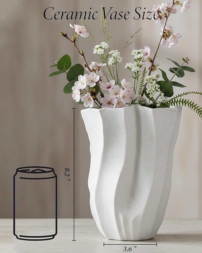 Cream Color Ceramic Vase, OOSTONEE Organic Flower Shape Unique Flower Vase, Nordic Modern Boho Decorative Style, Must-Have for Shelf, Home, Living Room, Bookshelf Decor, Coffee Table Centerpiece