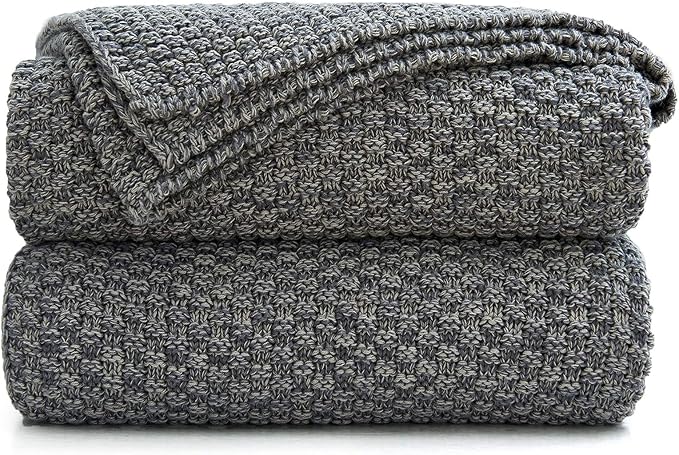 Longhui bedding 100% Cotton Knitted Throw Blanket – Dark Grey, Soft & Cozy, Machine Washable, 60"x80" – Perfect for Living Room, Couch, Sofa, Bed or Travel