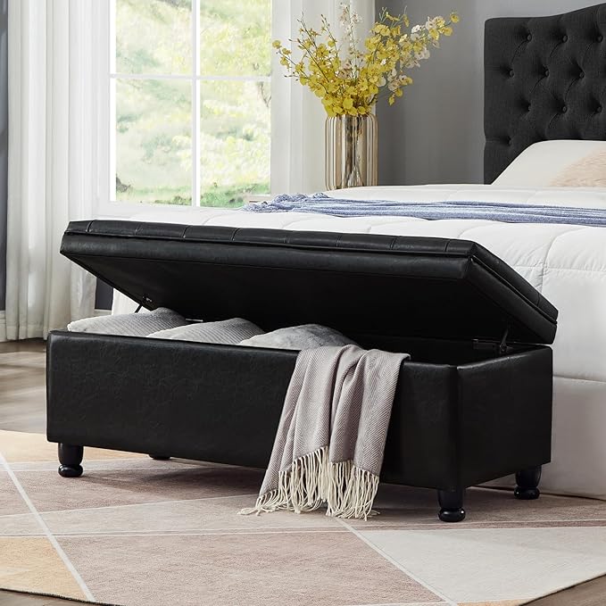 Upholstered Modern Upholstered Storage Ottoman Bench with Arms, 45" End of Bed Bench for Entryway, Bedroom, Living Room,Black