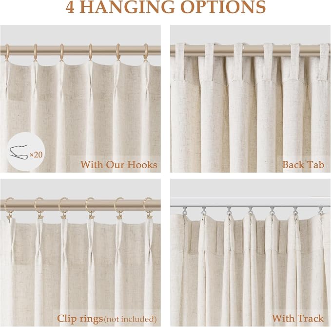 Aersas Natural Pinch Pleat Linen Curtains 118 Inch Length 2 Panels Set for Bedroom Dining Room Semi Sheer Linen Boho Farmhouse Neutral Window Curtains for Living Room Nursery Natural Cream 50x118