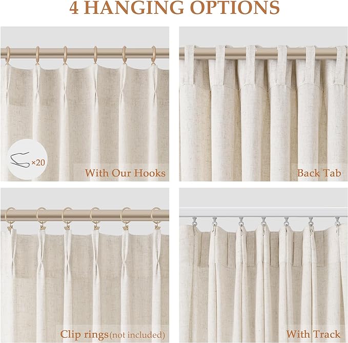 Extra Long Linen Curtains 102 Inches for Living Room Cream Pinch Pleated Light Filtering Semi Sheer Curtain Back Tab Farmhouse Boho Decor Window Drapes for Bedroom Natural Beige Ivory 40x102, 2 Panels