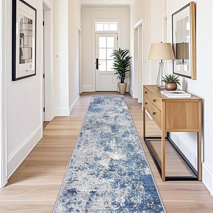 Non Skid Hallway Runner Rug 3x12 ft - Long Washable Stain Resistant Low Pile Thin Carpet Runners for Kitchen Entryway Bathroom, Modern Abstract Neutral Blue Ivory Grey