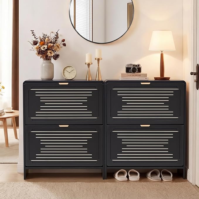 Narrow Shoe Cabinet, Wood Shoe Rack for Entryway with 2 Flip Drawers, Mid-Century Modern Slim Shoe Storage Cabinet Freestanding Hidden Shoes Organizer for Foyer, Hallway (Black, 27.56'')