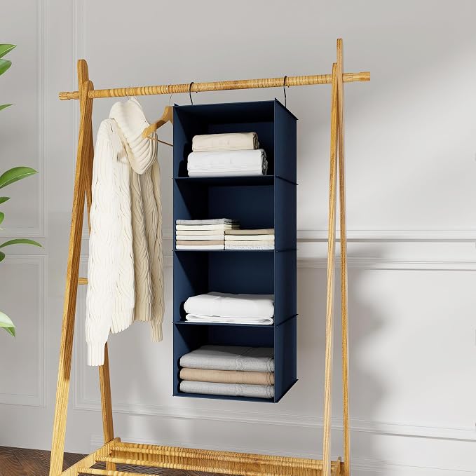 Hanging Closet Organizer - 4-Shelf, Easy Mount Foldable Wardrobe Storage Shelves for Clothes, Handbags, Shoes & Accessories - Washable Oxford Cloth Fabric, Navy Blue