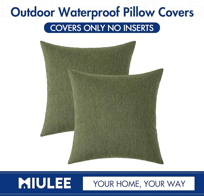 MIULEE Pack of 2 Decorative Outdoor Solid Waterproof Throw Pillow Covers Faux Linen Garden Farmhouse Cushion Cases for Patio Tent Balcony Couch Sofa 16x16 Inch Dark Green