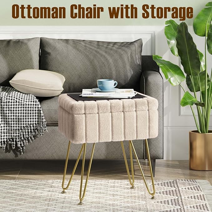 Greenstell Vanity Stool Chair Faux Fur with Storage, 15.7"L x 11.8"W x 19.4"H Soft Ottoman 4 Metal Legs with Anti-Slip Feet, Furry Padded Seat, Modern Multifunctional Chairs for Makeup, Bedroom,Camel
