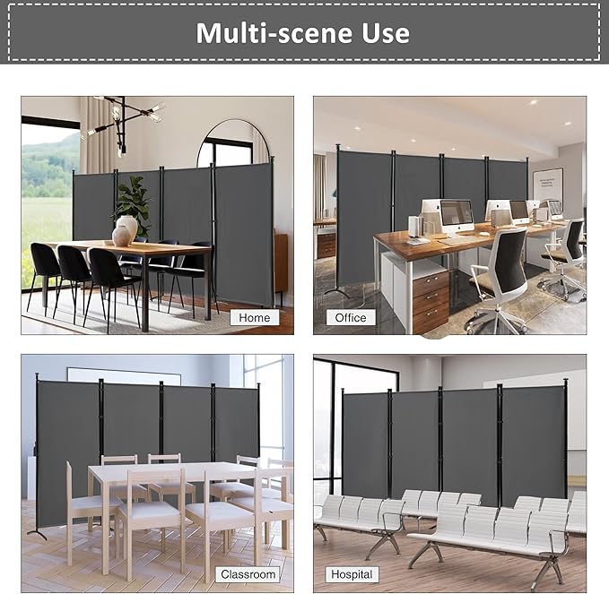Spurgehom 4 Panel Room Dividers Folding Privacy Screen, Freestanding Fabric Partition Portable Room Partition Wall Dividers for Home Office Room Restaurant, 136" W X 72" H (Grey)