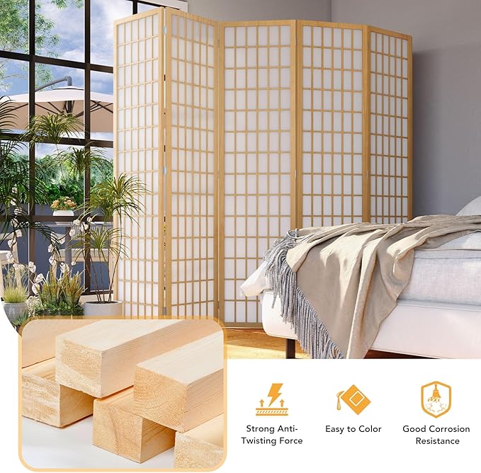 JOSTYLE Room Divider Wall 4 Panel, 6Ft Folding Privacy Screen for Room Separation, Shoji Screen Japanese Style Room Divider, Natural, 70.9" H x 69" W