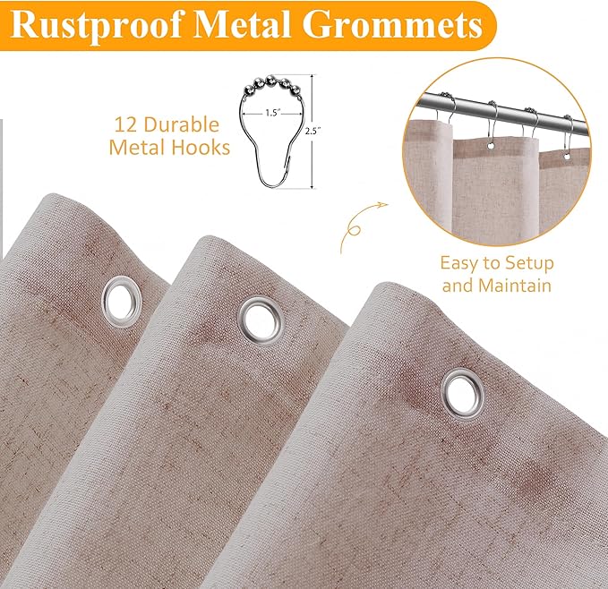Naturoom Extra Long Linen Shower Curtain 90 Inch Long Shower Curtains Set with Hooks for Bathroom Boho Farmhouse Fabric Neutral Cloth Modern Cottage Core Waterproof,White