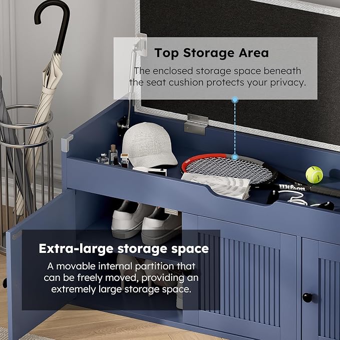 40" Storage Bench - Entryway Shoe Bench with 3 Doors and Top Storage Area, Multifunctional Entryway Bench with Lift Top Cushion, Shoe Storage Bench for Bedroom, Living Room, Navy Blue