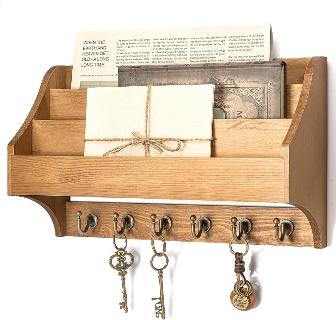 Rebee Vision Pine Wood Key Holder Wall Mount - Rustic 3-Tire Mail Holder for Wall with Sturdy Key Hooks - Multifunctional Key Holder on Wall for Home Office (Light Brown)