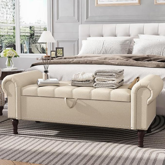 Apicizon 51” Bench with Storage, Faux Leather Ottoman Bench with Rolled Arm & Vintage Rivets, End of Bed Bench for Bedroom, Living Room, Entryway, Beige+Brown Legs
