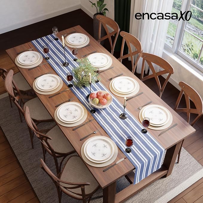Encasa XO Cotton Dining Table Runner | Franca Blue Stripes | Size 13x72 in - Machine Washable & Durable