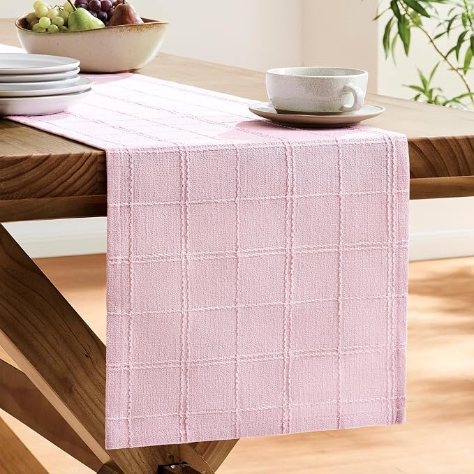 ZeeMart Linen Checked Farmhouse Table Runner, 13x108 Inches Pink | Raised Grid Design, Rich Woven Texture, Linen Blend Table Runners 108 Inches Long, Machine Washable, Boho Home Kitchen Decor