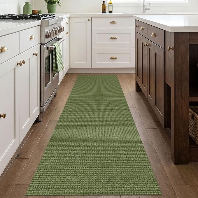 IOHOUZE Washable Runner Rug 2.6x8 Non Slip Rubber Backed Wide Hallway Runner Entryway Runner Indoor, Kitchen Rugs Woven Cotton Floor Carpet for Hall Entrance Bedroom, Olive Green/Earthy Green