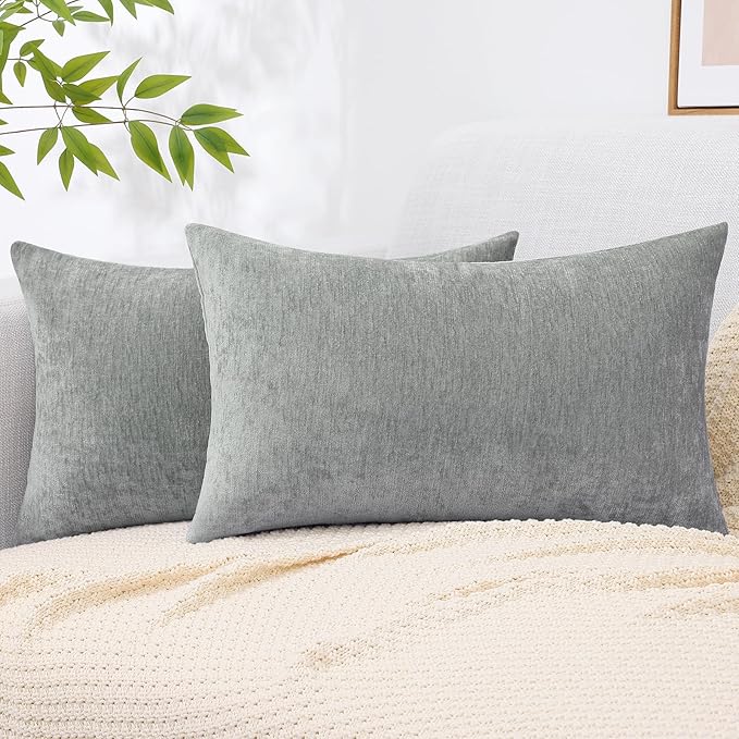decorUhome Chenille Grey Throw Pillow Covers 12x20 Inch Set of 2, Decorative Soft Couch Pillow Covers Solid Dyed Accent Farmhouse Neutral Rectangle Pillow Cases for Sofa