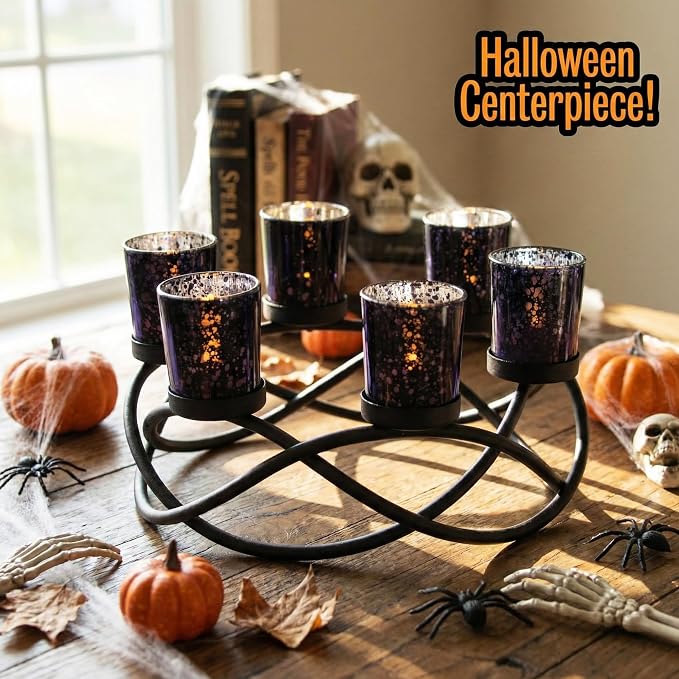 Seraphic Halloween Decorations for Indoor Gothic Table Centerpieces, Black | Spooky Witchy Dining Decor, Round Wrought Iron Candle Holder, 6 Votive Cups, Coffee & Kitchen Centerpiece, 10.5in Round