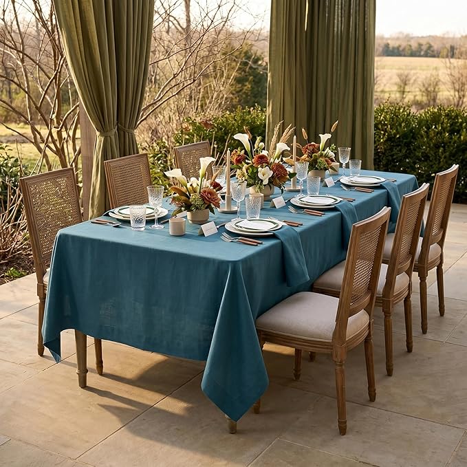 Solino Home Linen Tablecloth for Rectangle Tables 60 x 132 Inch - 100% Pure Linen Peacock Blue Table Cloth - Fete, Machine Washable Cloth Tablecloth