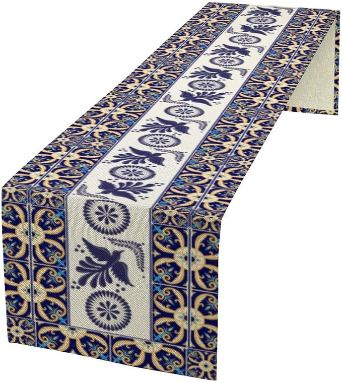 YCness Floral Bird Mexican Table Runner, Blue Patchwork Tiles Kitchen Dining Table Decoration for Home Party Decor, 13x36 Inch