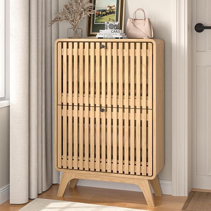 Jluomei Narrow Shoe Cabinet Storage for Entryway, Modern Cabinet Rack with 2 Flip Drawers, Slim Wood Fluted Entry Way Shoe Organizer, Wooden, Small, Farmhouse, Freestanding, Natural Oak (39.4 Inch)