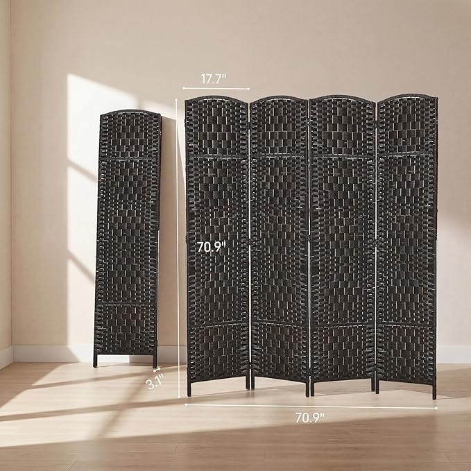 HOMCOM Room Divider 4 Panel, 6FT Tall Folding Privacy Screen, Freestanding Hand-Woven Partition for Room Separation with 360° Hinges, Paper Rope Diamond Weave, Coffee