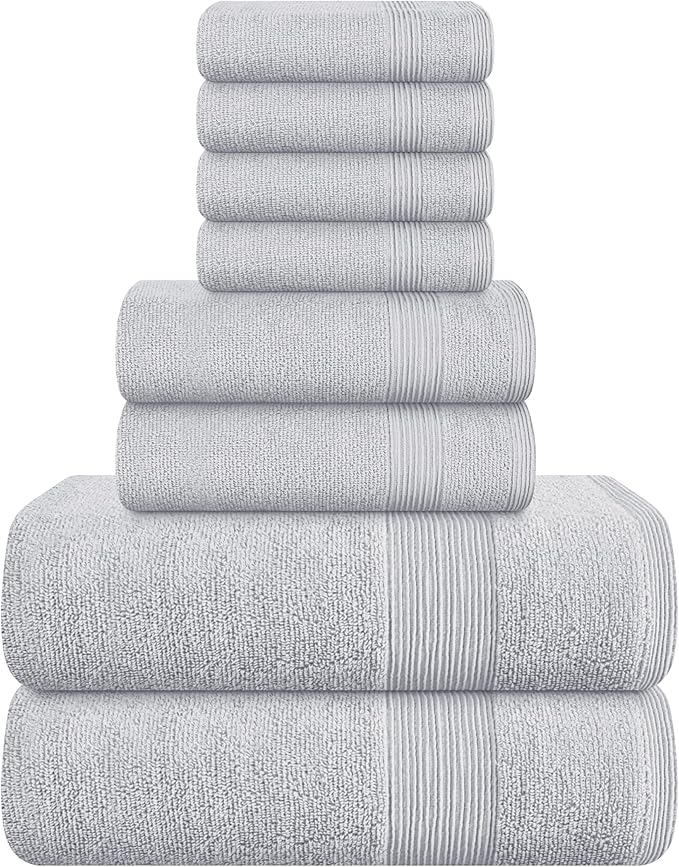 Belizzi Home 8 Piece Towel Set 100% Ring Spun Cotton, 2 Bath Towels 27x54, 2 Hand Towels 16x28 and 4 Washcloths 13x13 - Ultra Soft Highly Absorbent Machine Washable Hotel Spa Quality - Light Grey