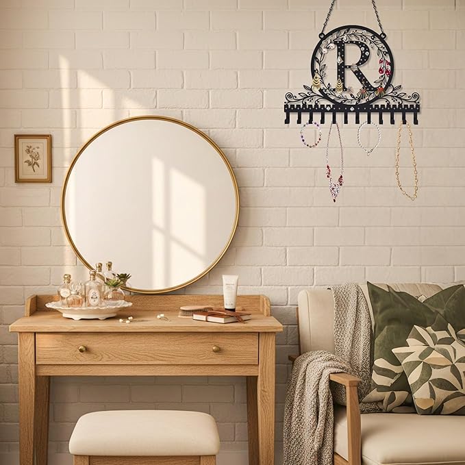 Wall-Mounted Metal Initial Letter R Earring Holder Hanging Jewelry Organizer for Earrings and Necklaces Space-Saving Wall Display with Hooks for Jewelry Storage