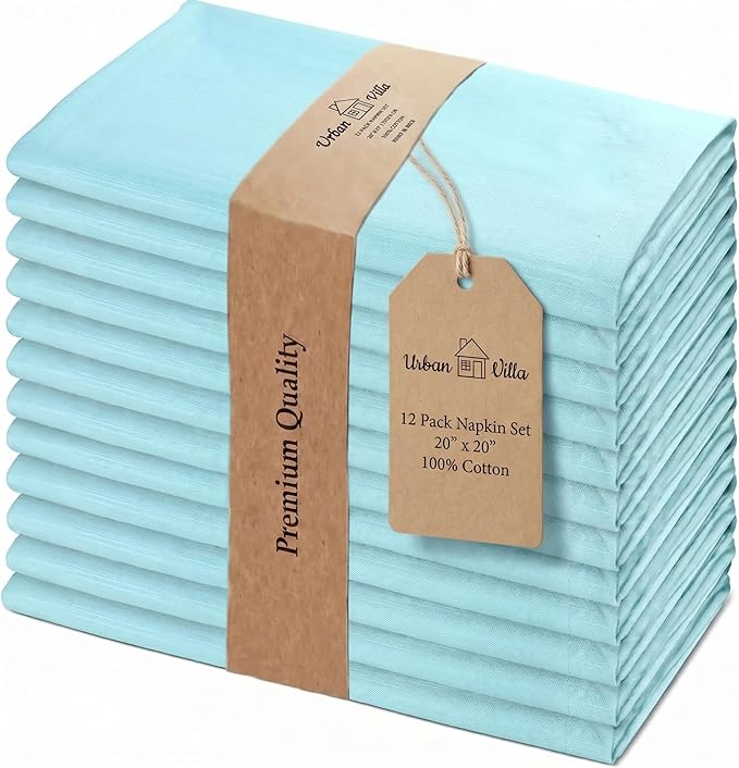 Urban Villa Cloth Napkins 100% Cotton Highly Absorbent Washable Durable Reusable Premium Dinner Napkins Ideal for Gifts for Mothers Day Hotel Farmhouse Parties - Aqua (20" x 20", Set of 12)