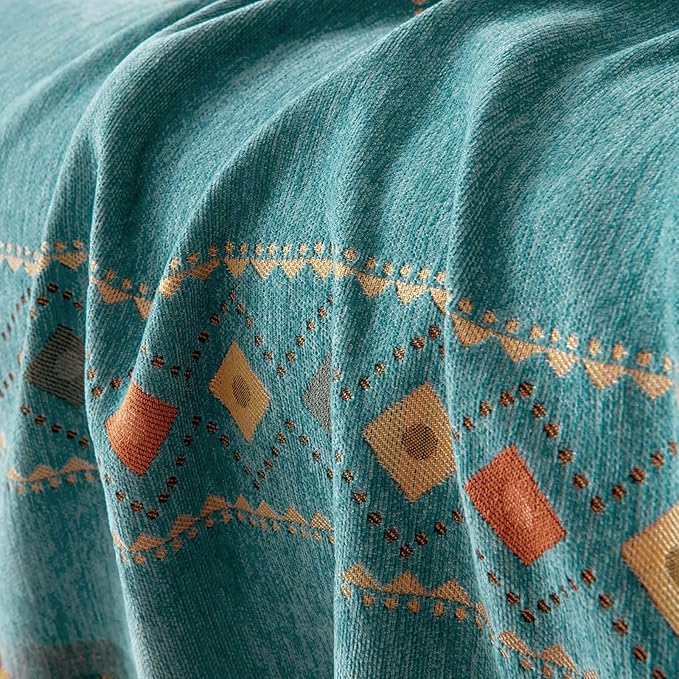 DREAMINGO Teal Boho Couch Cover Western Sofa Covers for 2 Cushion Couch Washable Bohemian Loveseat Covers Geometric Jacquard Couch Cover Blanket with Tassel, Large 71"x118"