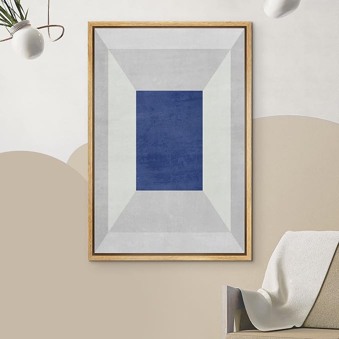 IDEA4WALL Framed Canvas Print Wall Art 3D Effect Surreal Blue Square Abstract Geometric Illustrations Modern Art Minimalism Shapes Multicolor Boho for Living Room, Bedroom, Office - 24"x36" Natural