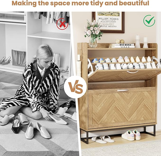 Shoe Cabinet Storage for Entryway, 40" Tall Narrow Wood Shoe Organizer with 2 Flip Drawers & Adjustable Shelves,Freestanding Hidden Shoe Storage Organizer with Hooks for Entryway, Foyer, Hallway, Oak