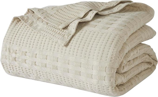 VHC Brands 100% Cotton Waffle Weave Queen Blanket 90"x90", Decorative Lightweight Spring and Summer Throw Blanket, Bedroom Decor for Bed, Couch, or Sofa, Natural