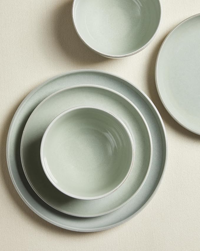 Pokini 18 Piece Dinnerware Set for 6, Reactive Glaze Terracotta Plates and Bowls Set, Large Family-Sized Stoneware Dish Set for Gatherings, Chip and Scratch Resistant, Slate Green