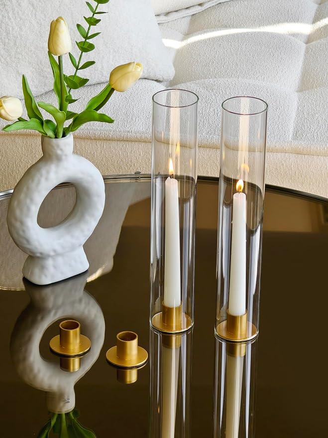Vixdonos Glass Hurricane Candle Holder with Metal Candle Stand Set of 6 Modern Taper Candlestick Holders 11.8 inch Tall Candleholder for Wedding Party Table Centerpiece Outdoor
