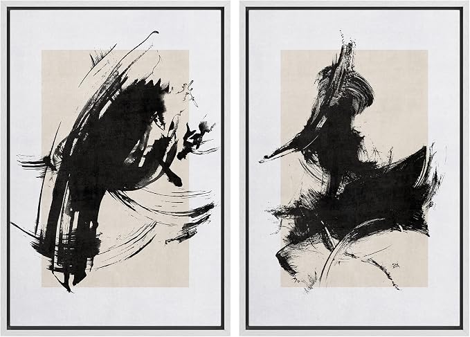 SIGNWIN Framed Canvas Print Wall Art Set Black Ink Paint Stroke & Brown Square Abstract Geometric Illustrations Graffiti & Street Art Modern Art for Living Room, Bedroom, Office - 24"x36"x2 White