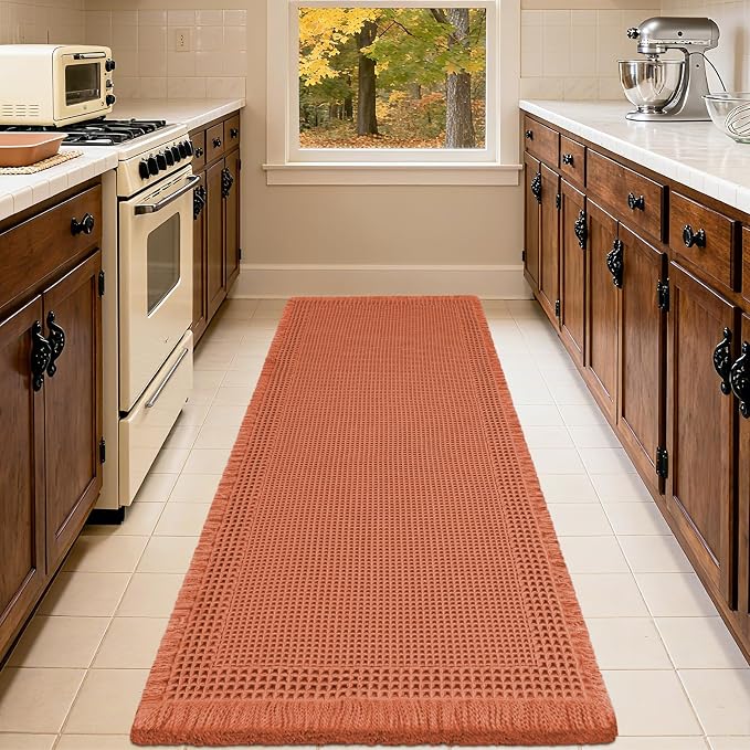 IM HOME Extra Large Waffle Bath Mat, Boho Bathroom Rugs Absorbent Non Slip, Ultra Soft Bathroom Mat, Machine Washable Knit Bath Rugs with Border for Bathroom,Bedroom,Kitchen,Tub, 5'x2', Burnt Orange