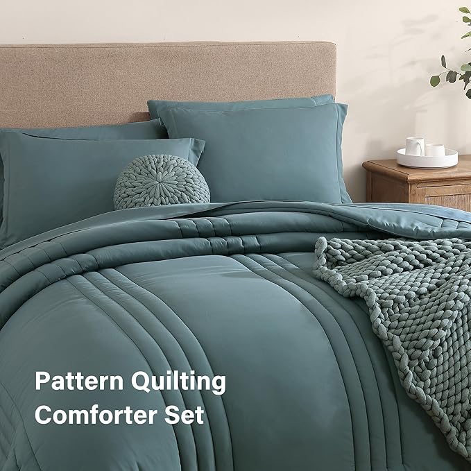 Monbix Super King Size Comforter Set - 7 Pieces Blue Green Bed in a Bag Super King Bedding Sets with Comforters, All Seasons Comforter Bed Set with Sheets,Pillowcases & Shams