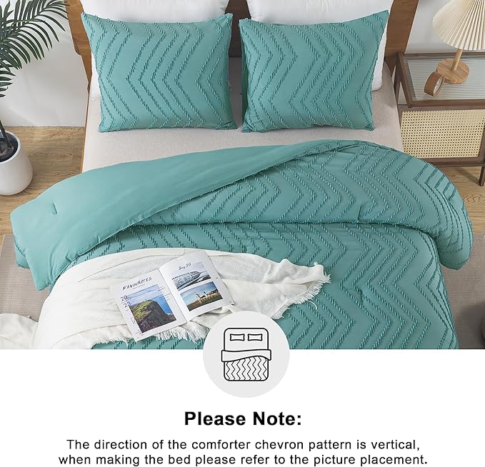Andency Grayish Teal Comforter Set Full Size, Boho Soft Warm Bedding Comforter Sets for Full Bed, 3 Pieces Vintage Chevron Tufted Aesthetic Comforter Set