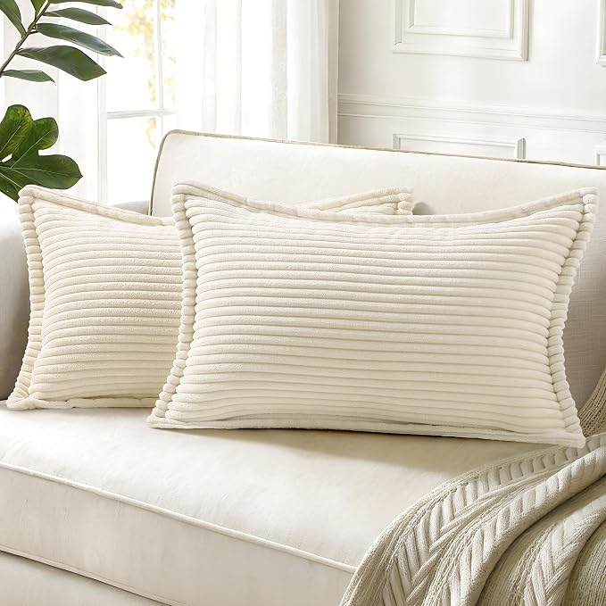 decorUhome Summer Corduroy Cream White Throw Pillow Covers 12x20 Set of 2 Decorative Soft Boho Farmhouse Lumbar Couch Pillow Covers for Living Room Bed Sofa Broadside Striped Pillow Cases