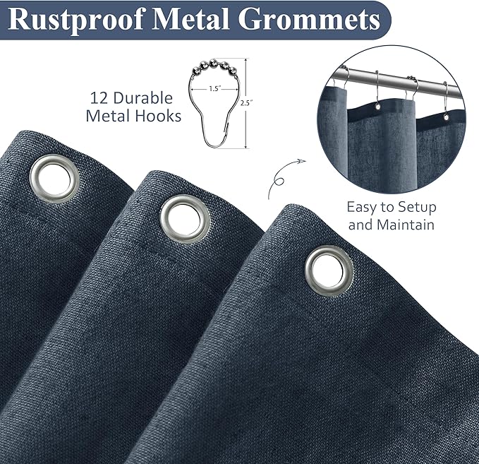 Naturoom Denim Blue Linen Shower Curtain, Country Boho Farmhouse Bath Decor Shower Curtains Neutral Cloth Weighted Textured Fabric Bath Curtain Liner with Hooks, 72x78