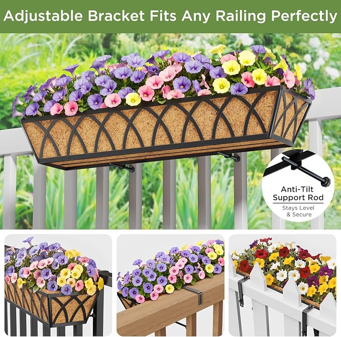 Y&M 4 Pack Hanging Railing Planter Boxes, 30 Inch Adjustable Balcony & Deck Planter, Heavy Duty Metal Flower Box for Porch, Fence & Window, Outdoor Plant Holder
